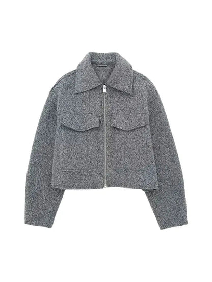 TRZA Women Fashion Patch Pockets With Flaps Cropped Jacket Coat Vintage Long Sleeve Front Zipper Female Outerwear Chic Tops Velt UK | SALE