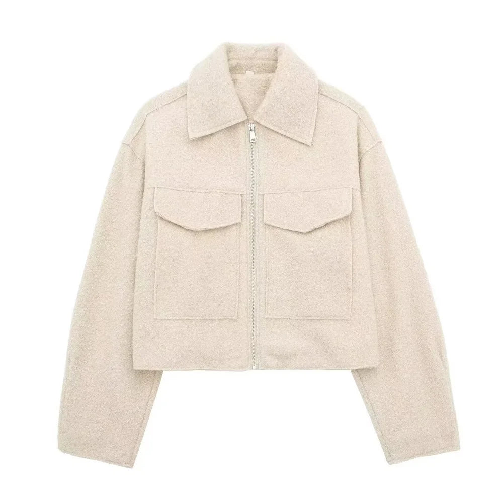 TRZA Women Fashion Patch Pockets With Flaps Cropped Jacket Coat Vintage Long Sleeve Front Zipper Female Outerwear Chic Tops Velt UK | SALE