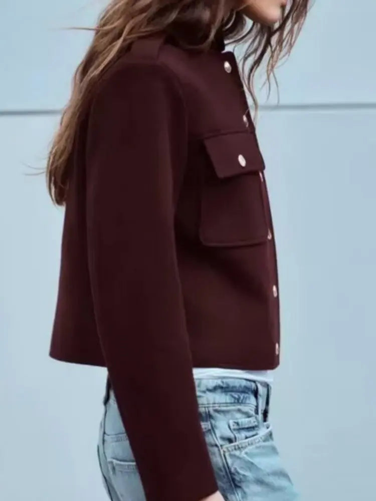 Women's Spring Autumn Vintage Wine Red Tweed Cropped Woolen Blends Jackets Female Elegant Buttons Pockets Streetwear Short Coats Velt UK | SALE