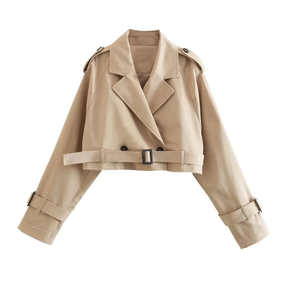 2024 Belt Cropped Trench Spring Jacket Women Vintage Streetwear Double Breasted Long Sleeve Top Female Coat Outfits Velt UK | SALE