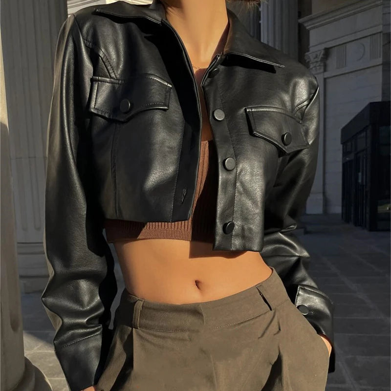 WhereMery Faux Leather Short Jacket Y2K Turn-down Collar Fashion Botton Decoration PU Coat 2022 Grunge Street Casual Women Coats Velt UK | SALE