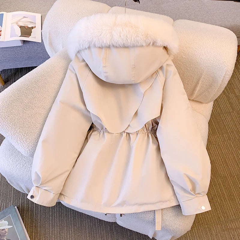 Fleece Lined Hood Down Jacket Winter Coat for Women Warm Drawstring Padded Parkas Korean Casual Streetwear Female Puffer Outwear Velt UK | SALE
