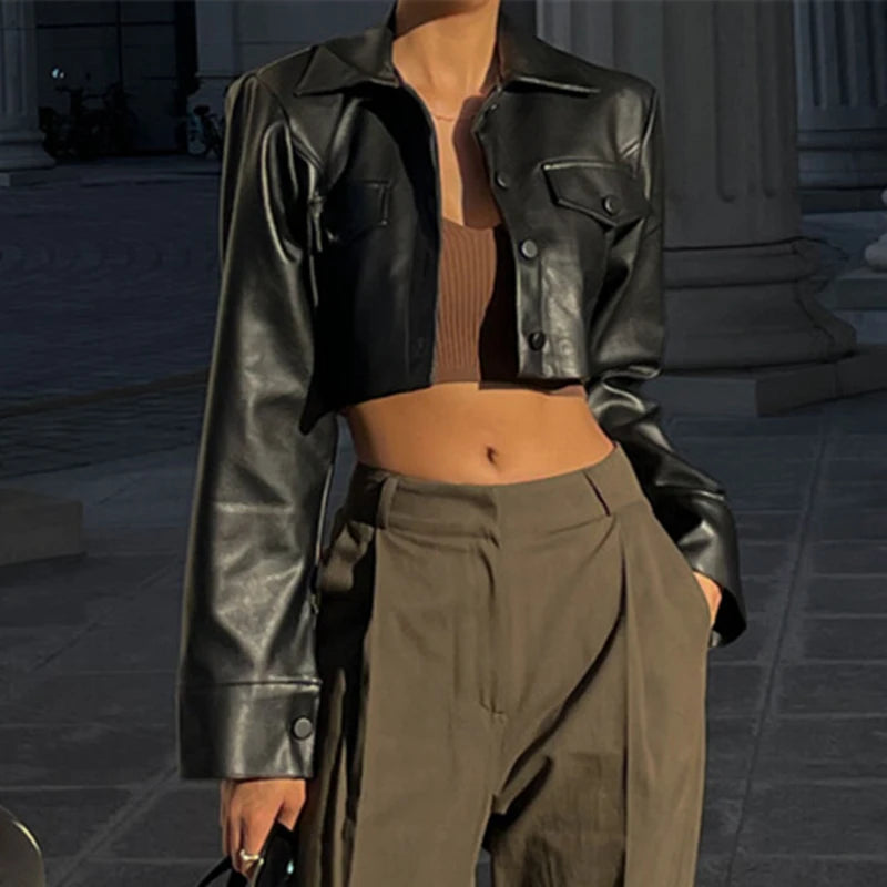 WhereMery Faux Leather Short Jacket Y2K Turn-down Collar Fashion Botton Decoration PU Coat 2022 Grunge Street Casual Women Coats Velt UK | SALE