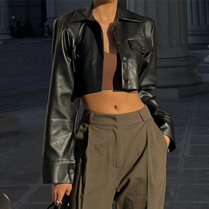 WhereMery Faux Leather Short Jacket Y2K Turn-down Collar Fashion Botton Decoration PU Coat 2022 Grunge Street Casual Women Coats Velt UK | SALE