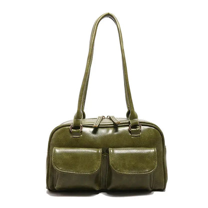 Vintage Women Business Shoulder Bags Simple Ladies Commute Tote Bag Pu Leather 2 Pocket Chic Female Underarm Hand Bag Handbags