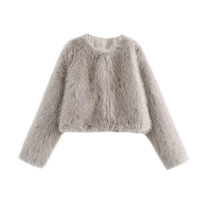 TRZA-Women's Thick Warm Faux Fur Cropped Jacket, O Neck, Long Sleeve, Female Outerwear, Chic Tops, Fashion Velt UK | SALE