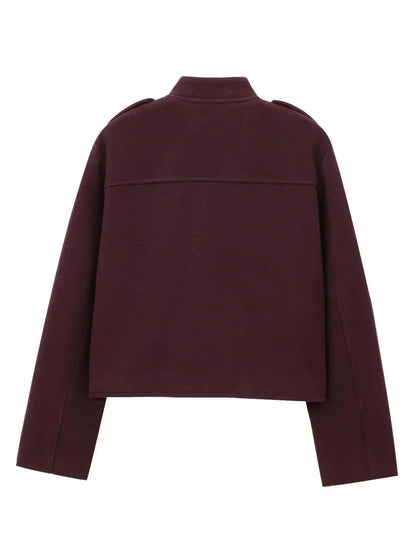 Women's Spring Autumn Vintage Wine Red Tweed Cropped Woolen Blends Jackets Female Elegant Buttons Pockets Streetwear Short Coats Velt UK | SALE