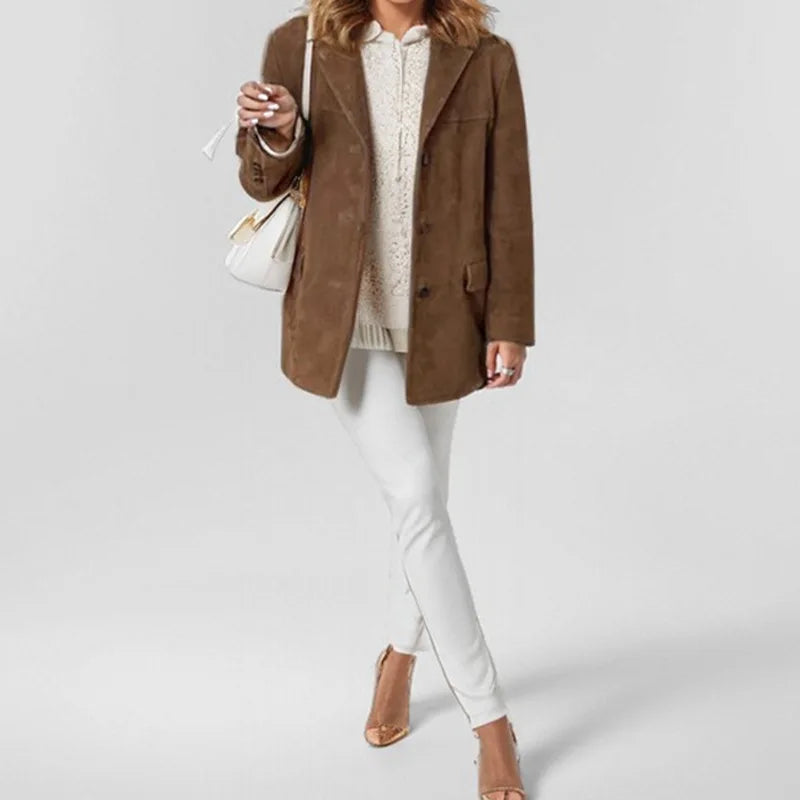 2024 Autumn Winter Woomen Suede Jacket With Lapel Woman Casual Single Breasted Pocket Long Sleeve Short Coat Street Overcoat Velt UK | SALE