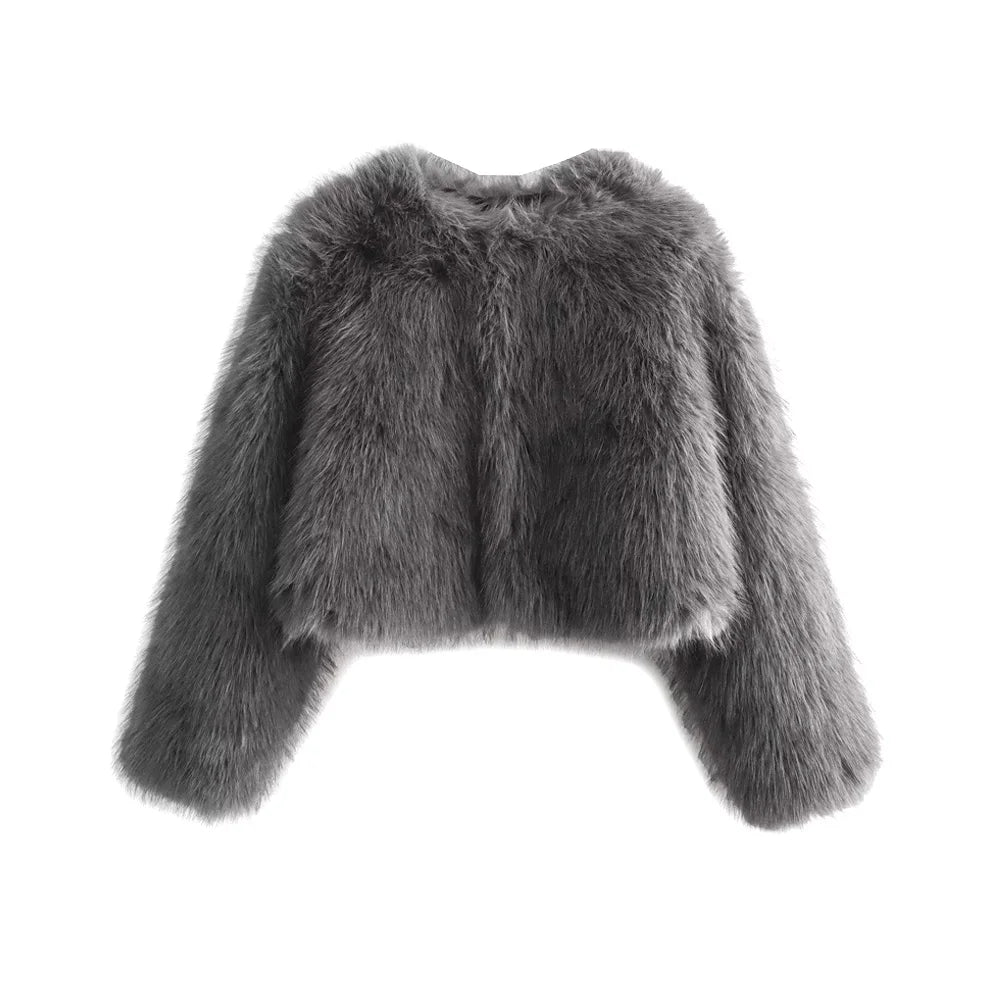 TRZA-Women's Thick Warm Faux Fur Cropped Jacket, O Neck, Long Sleeve, Female Outerwear, Chic Tops, Fashion Velt UK | SALE